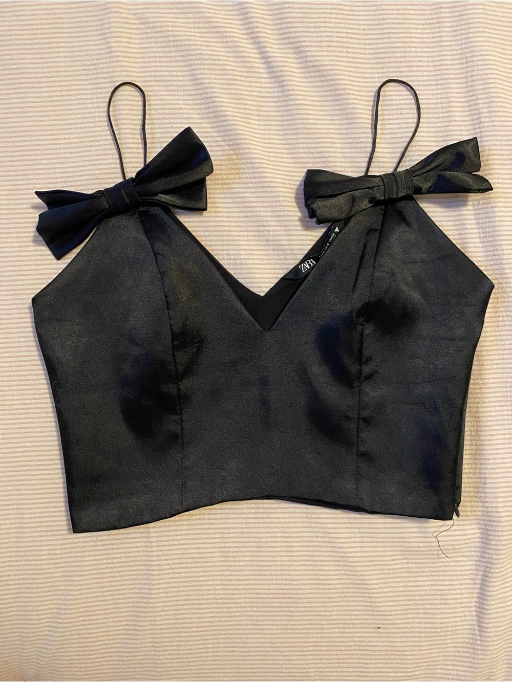 ZARA Black Bow-Shoulder Satin Crop Top